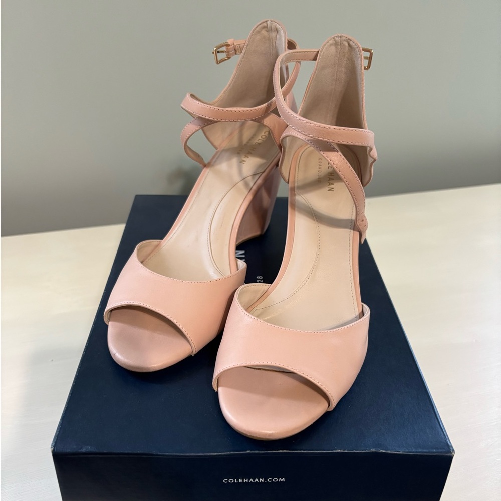 Cole Haan Womens Ankle Strap Wedge Heels Open Toe Sandals Sz 8.5 Rose Leather
